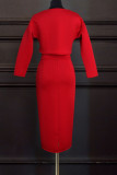 Red Fashion Street Solid Patchwork O Neck Long Sleeve Two Pieces