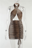 Brown Fashion Sexy Print Hollowed Out Backless Halter Sleeveless Dress