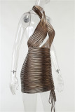 Brown Fashion Sexy Print Hollowed Out Backless Halter Sleeveless Dress