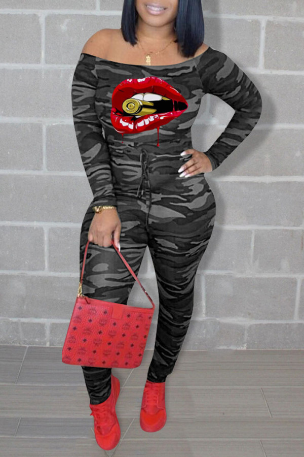 Grey Casual Print Camouflage Print Patchwork Off the Shoulder Skinny Jumpsuits