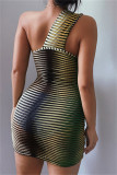 Green Fashion Sexy Print Hollowed Out Backless One Shoulder Sleeveless Dress