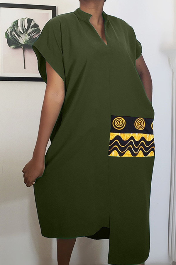 Ink Green Casual Print Patchwork Asymmetrical V Neck Straight Dresses