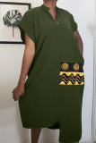 Green Casual Print Patchwork Asymmetrical V Neck Straight Dresses