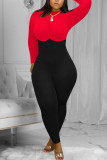 Red Fashion Street Adult Twilled Satin Patchwork Solid Split Joint O Neck Skinny Jumpsuits