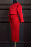Red Fashion Street Solid Patchwork O Neck Long Sleeve Two Pieces
