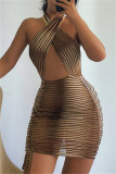 Brown Fashion Sexy Print Hollowed Out Backless Halter Sleeveless Dress