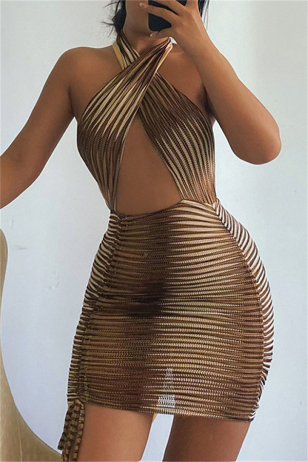 Brown Fashion Sexy Print Hollowed Out Backless Halter Sleeveless Dress