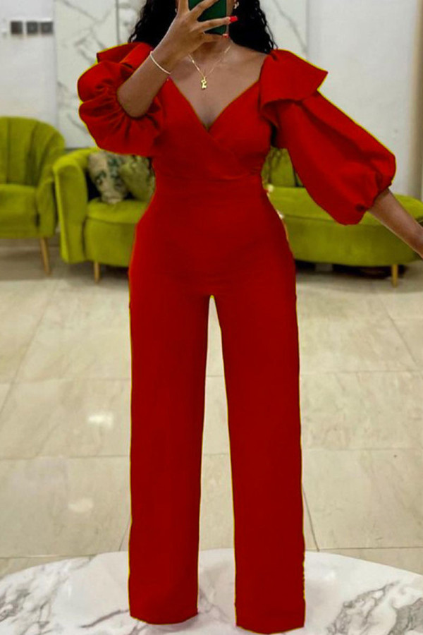 Red Elegant Solid Patchwork Flounce V Neck Straight Jumpsuits
