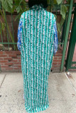 Cyan Fashion Casual Print Patchwork Turndown Collar Long Sleeve Dresses