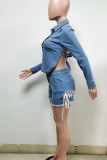 Sky Blue Sexy Street Hollowed Out Split Joint Frenulum Backless Asymmetrical Turndown Collar Long Sleeve Two Pieces