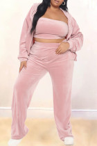 Pink Fashion Casual Solid Cardigan Pants Hooded Collar Plus Size Two Pieces(Without Tube Top)