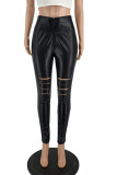 Brown Street Solid Ripped Patchwork Regular High Waist Pencil Solid Color Bottoms