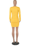 Yellow Fashion Casual Solid Fold O Neck Long Sleeve Dresses
