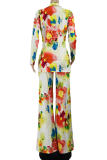Multicolor Casual Print Patchwork Turndown Collar Long Sleeve Two Pieces