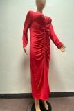 Red Casual Solid Split Joint Fold V Neck One Step Skirt Plus Size Dresses