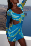 Blue Sexy Print Hollowed Out Patchwork U Neck Pencil Skirt Dresses