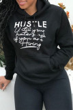 Black Fashion Casual Letter Print Basic Hooded Collar Tops
