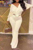 Pink Casual Solid Bandage Patchwork V Neck Long Sleeve Two Pieces