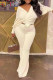 White Casual Solid Bandage Patchwork V Neck Long Sleeve Two Pieces