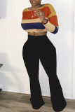 Multicolor Fashion Casual Striped Print Basic O Neck Tops
