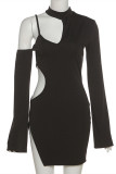 Black Fashion Sexy Solid Hollowed Out O Neck Long Sleeve Dresses