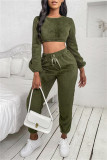 Apricot Fashion Casual Solid Basic O Neck Long Sleeve Two Pieces