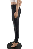 Brown Street Solid Ripped Patchwork Regular High Waist Pencil Solid Color Bottoms