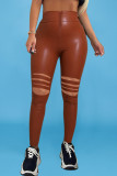 Brown Street Solid Ripped Patchwork Regular High Waist Pencil Solid Color Bottoms