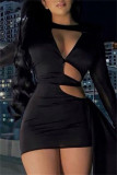 Rose Red Fashion Sexy Solid Hollowed Out O Neck Long Sleeve Dresses