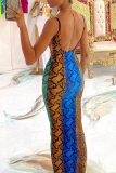 Colour Sexy Print Patchwork Spaghetti Strap Pencil Skirt Dresses