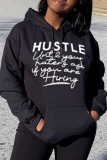 Black Fashion Casual Letter Print Basic Hooded Collar Tops