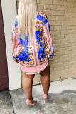 Blue Casual Print Patchwork Turndown Collar Long Sleeve Two Pieces