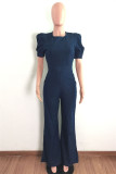 The cowboy blue Fashion Casual Solid Backless O Neck Regular Jumpsuits