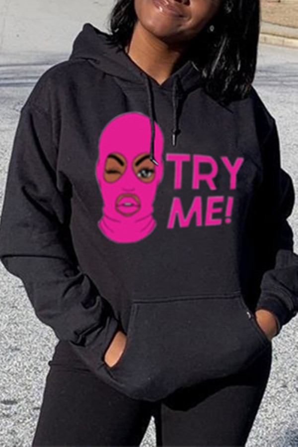 Black Fashion Casual Print Basic Hooded Collar Tops