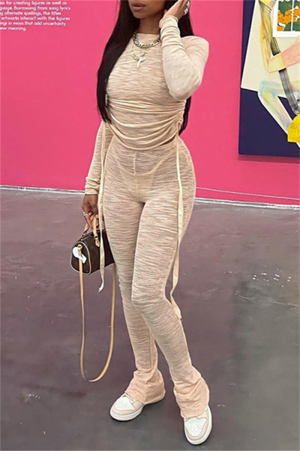 Khaki Fashion Casual Solid Draw String O Neck Long Sleeve Two Pieces