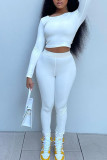 White Casual Solid Patchwork Frenulum Backless O Neck Long Sleeve Two Pieces