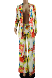 Multicolor Casual Print Patchwork Turndown Collar Long Sleeve Two Pieces