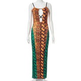 Colour Sexy Print Patchwork Spaghetti Strap Pencil Skirt Dresses