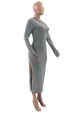 Grey Sexy Solid Patchwork Hooded Collar Irregular Dress Dresses