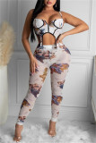 White Fashion Sexy Print Backless Asymmetrical Spaghetti Strap Sleeveless Two Pieces