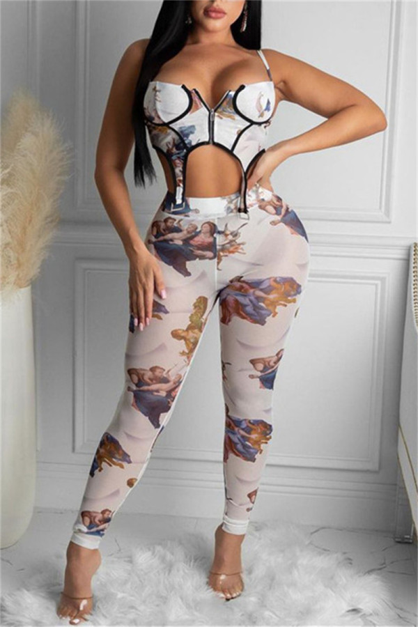 White Fashion Sexy Print Backless Asymmetrical Spaghetti Strap Sleeveless Two Pieces
