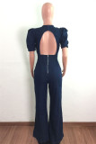 The cowboy blue Fashion Casual Solid Backless O Neck Regular Jumpsuits