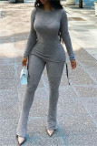 Grey Fashion Casual Solid Draw String O Neck Long Sleeve Two Pieces
