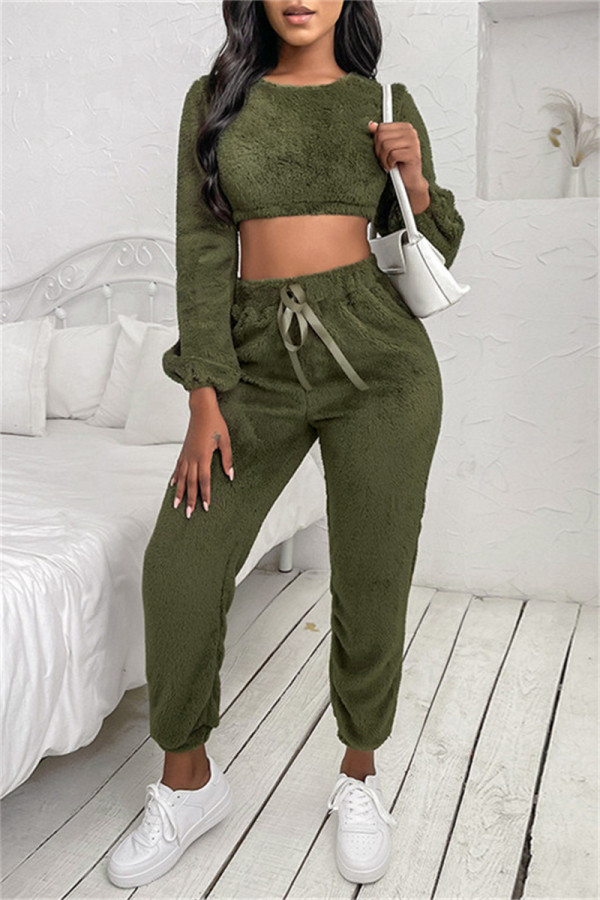 Army Green Fashion Casual Solid Basic O Neck Long Sleeve Two Pieces