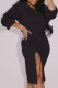 Black Fashion Casual Solid Slit Fold Long Sleeve Two Pieces