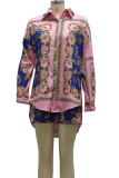 Blue Casual Print Patchwork Turndown Collar Long Sleeve Two Pieces