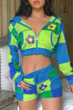Blue Fashion Casual Print Patchwork Zipper Hooded Collar Long Sleeve Two Pieces