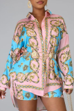 Blue Casual Print Patchwork Turndown Collar Long Sleeve Two Pieces