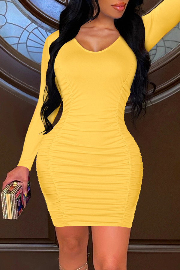 Yellow Fashion Casual Solid Fold O Neck Long Sleeve Dresses