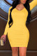 Yellow Fashion Casual Solid Fold O Neck Long Sleeve Dresses